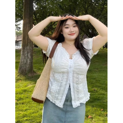 大碼女裝溫柔風韓系甜美減齡木耳邊V領短袖修身收腰襯衫夏季上衣 大碼女裝溫柔風韓系甜美減齡木耳邊V領短袖修身收腰襯衫夏季上衣