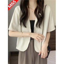 短袖西裝外套夏季女新款設計感小衆短款上衣小個子顯白奶杏色西服