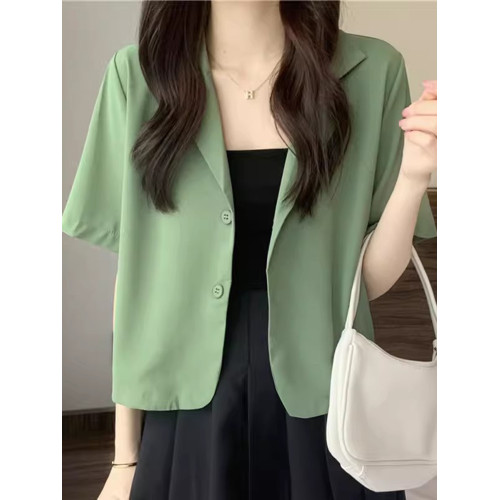 短袖西裝外套夏季女新款設計感小衆短款上衣小個子顯白奶杏色西服 短袖西裝外套夏季女新款設計感小衆短款上衣小個子顯白奶杏色西服