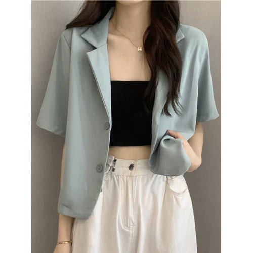 短袖西裝外套夏季女新款設計感小衆短款上衣小個子顯白奶杏色西服 短袖西裝外套夏季女新款設計感小衆短款上衣小個子顯白奶杏色西服