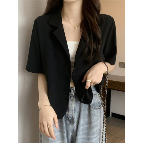 短袖西裝外套夏季女新款設計感小衆短款上衣小個子顯白奶杏色西服 短袖西裝外套夏季女新款設計感小衆短款上衣小個子顯白奶杏色西服