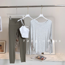 亞麻針織寬松性感露肩瑜珈上衣女 慵懶感運動T恤普拉提健身速乾衣