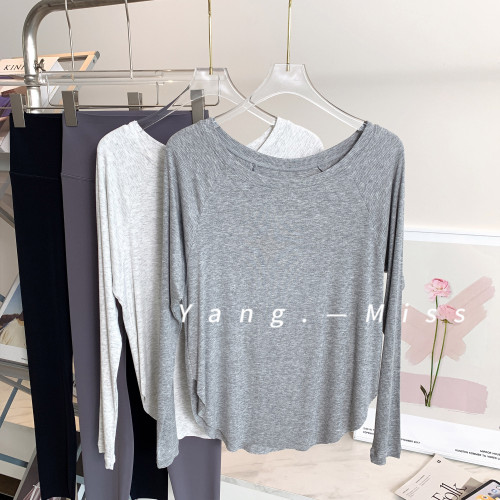 亞麻針織寬松性感露肩瑜珈上衣女 慵懶感運動T恤普拉提健身速乾衣