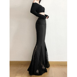 gagaopt自製新款蕾絲拼接黑色西裝半身裙春季高腰顯瘦包臀魚尾裙