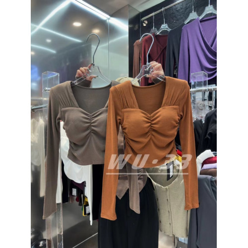 2025秋冬新款韓版修身顯瘦褶皺設計感方領上衣加絨帶胸墊長袖T恤