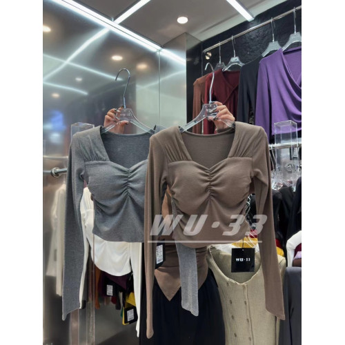 2025秋冬新款韓版修身顯瘦褶皺設計感方領上衣加絨帶胸墊長袖T恤