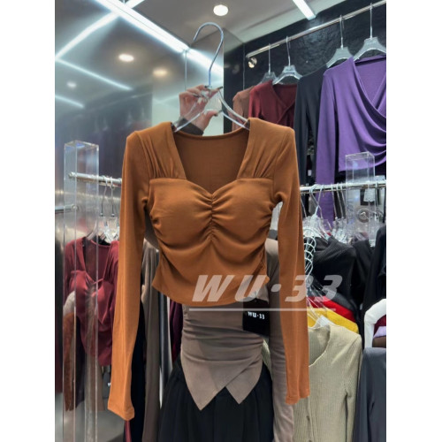 2025秋冬新款韓版修身顯瘦褶皺設計感方領上衣加絨帶胸墊長袖T恤