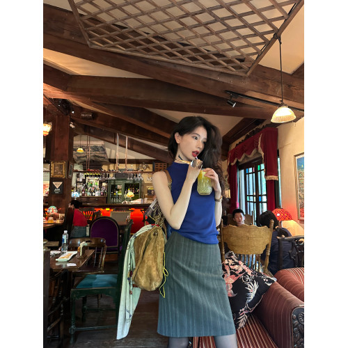 Nabi復古竪條紋西裝包臀半身裙女OL氣質開叉顯瘦修身灰色直筒短裙 Nabi復古竪條紋西裝包臀半身裙女OL氣質開叉顯瘦修身灰色直筒短裙