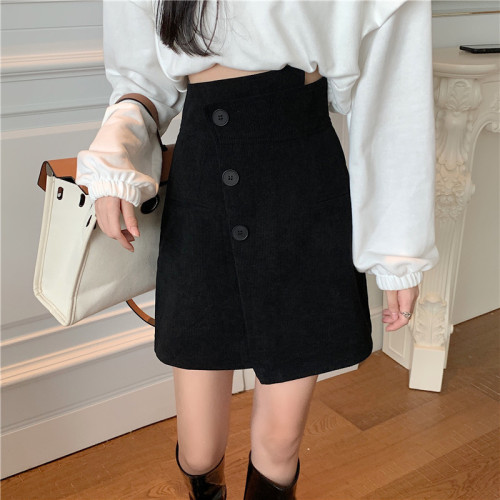 不規則設計感燈芯絨半身裙女秋冬大碼高腰顯瘦a字遮跨短裙包臀裙