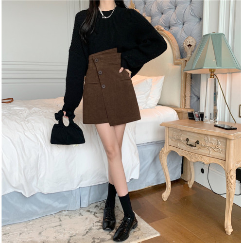 不規則設計感燈芯絨半身裙女秋冬大碼高腰顯瘦a字遮跨短裙包臀裙