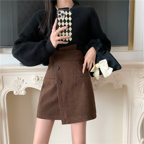 不規則設計感燈芯絨半身裙女秋冬大碼高腰顯瘦a字遮跨短裙包臀裙