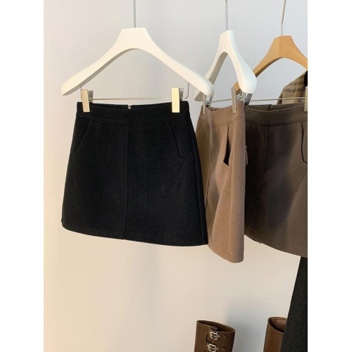 韓系穿搭短款半身裙女毛呢a字裙春秋冬季新款高腰顯瘦百搭包臀裙