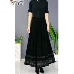 啄木鳥冬季厚款針織羊毛半身裙女保暖高腰大擺裙媽媽舞裙長裙繖裙