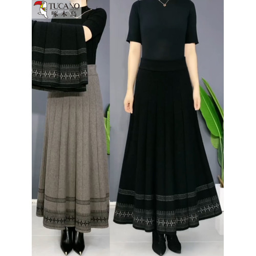 啄木鳥冬季厚款針織羊毛半身裙女保暖高腰大擺裙媽媽舞裙長裙繖裙