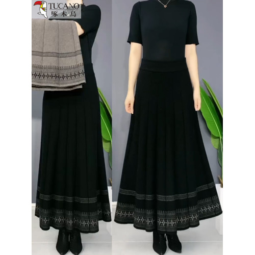 啄木鳥冬季厚款針織羊毛半身裙女保暖高腰大擺裙媽媽舞裙長裙繖裙