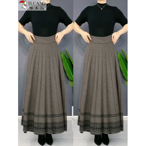 啄木鳥冬季厚款針織羊毛半身裙女保暖高腰大擺裙媽媽舞裙長裙繖裙