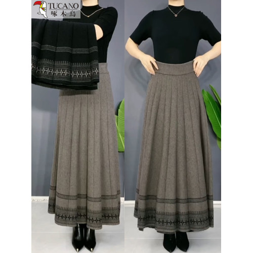 啄木鳥冬季厚款針織羊毛半身裙女保暖高腰大擺裙媽媽舞裙長裙繖裙