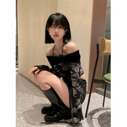 純欲秘籍~早秋辣妹穿搭網紗一字肩露肩長袖短款收腰修身上衣女秋