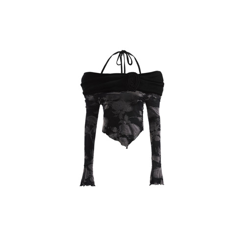 純欲秘籍~早秋辣妹穿搭網紗一字肩露肩長袖短款收腰修身上衣女秋