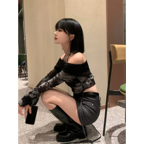 純欲秘籍~早秋辣妹穿搭網紗一字肩露肩長袖短款收腰修身上衣女秋