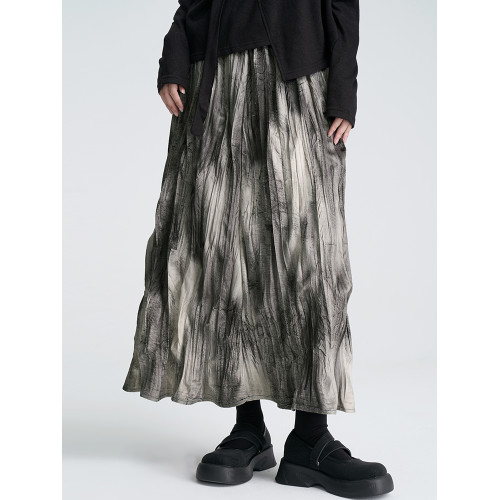 陸與山嶼2025新款秋冬款設計感小衆百褶裙加厚裙子水墨印花半身裙