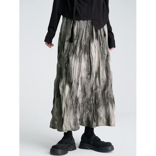 陸與山嶼2025新款秋冬款設計感小衆百褶裙加厚裙子水墨印花半身裙