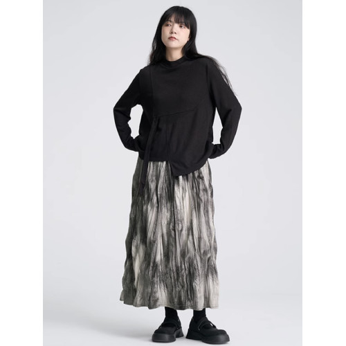 陸與山嶼2025新款秋冬款設計感小衆百褶裙加厚裙子水墨印花半身裙