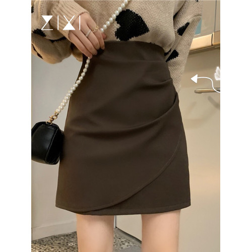 大碼半身裙女秋冬季高腰小個子a字短裙棕色咖色不規則包臀裙胖mm