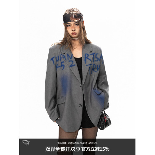 BLACKBB/噴繪撞色字母印花西裝外套女小衆設計感寬松休閒西服上衣 BLACKBB/噴繪撞色字母印花西裝外套女小衆設計感寬松休閒西服上衣