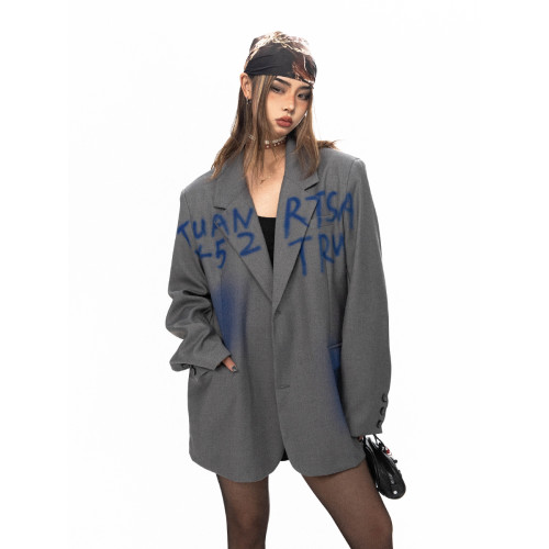 BLACKBB/噴繪撞色字母印花西裝外套女小衆設計感寬松休閒西服上衣 BLACKBB/噴繪撞色字母印花西裝外套女小衆設計感寬松休閒西服上衣
