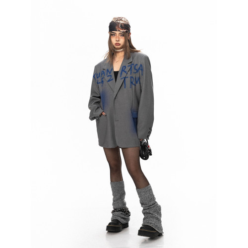 BLACKBB/噴繪撞色字母印花西裝外套女小衆設計感寬松休閒西服上衣 BLACKBB/噴繪撞色字母印花西裝外套女小衆設計感寬松休閒西服上衣