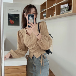 V領長袖襯衫女秋冬新款慵懶風大碼胖MM顯瘦抽繩褶皺氣質別致上衣