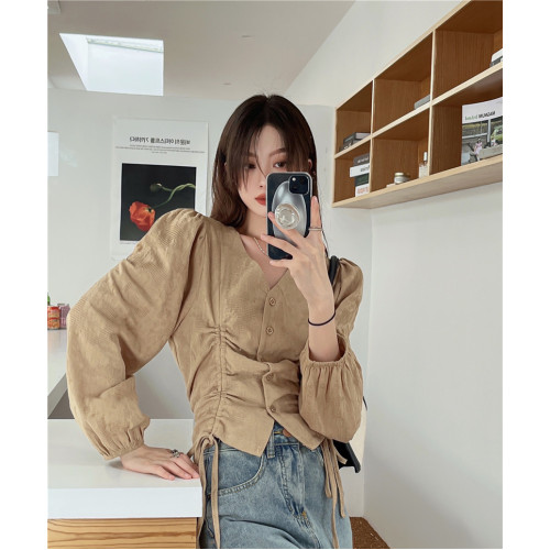 V領長袖襯衫女秋冬新款慵懶風大碼胖MM顯瘦抽繩褶皺氣質別致上衣