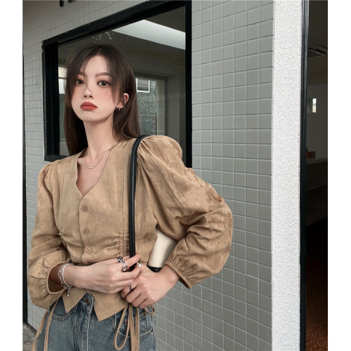 V領長袖襯衫女秋冬新款慵懶風大碼胖MM顯瘦抽繩褶皺氣質別致上衣