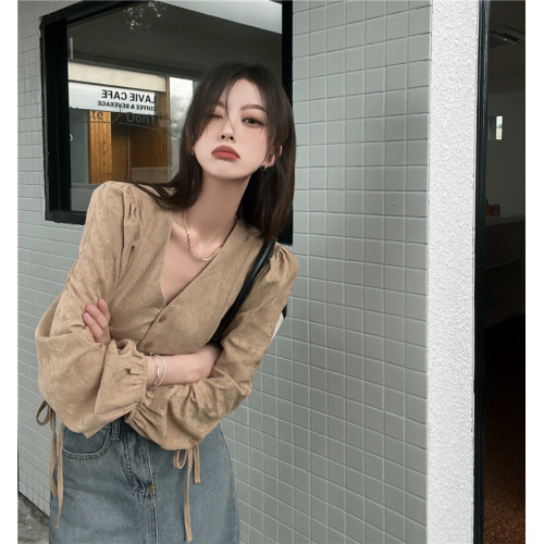 V領長袖襯衫女秋冬新款慵懶風大碼胖MM顯瘦抽繩褶皺氣質別致上衣