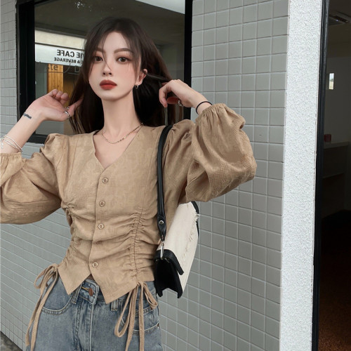 V領長袖襯衫女秋冬新款慵懶風大碼胖MM顯瘦抽繩褶皺氣質別致上衣