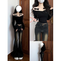 假兩件蕾絲一字肩長袖t恤女春秋性感露肩修身顯瘦純欲風短款上衣