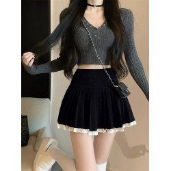 春秋毛呢半身裙女大碼胖mm百褶裙子高腰蓬蓬裙純欲蕾絲邊A字短裙