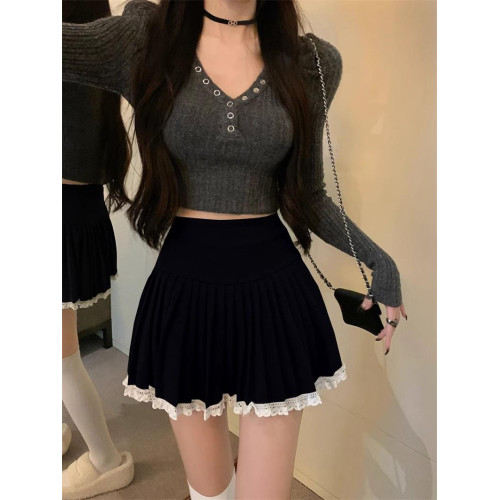 春秋毛呢半身裙女大碼胖mm百褶裙子高腰蓬蓬裙純欲蕾絲邊A字短裙