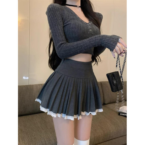 春秋毛呢半身裙女大碼胖mm百褶裙子高腰蓬蓬裙純欲蕾絲邊A字短裙