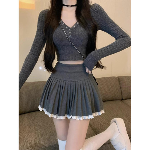 春秋毛呢半身裙女大碼胖mm百褶裙子高腰蓬蓬裙純欲蕾絲邊A字短裙