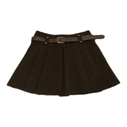 配皮帶高腰黑色防走光呢子百褶裙女2024秋冬韓版百搭A字半身短裙