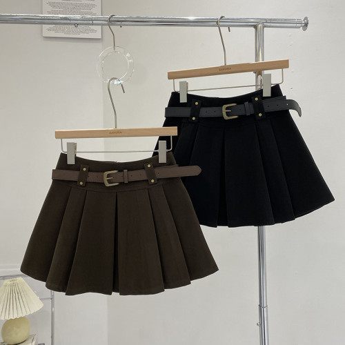 配皮帶高腰黑色防走光呢子百褶裙女2024秋冬韓版百搭A字半身短裙