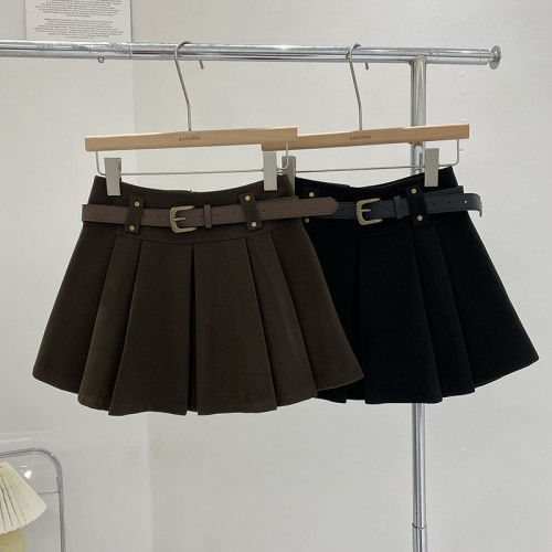 配皮帶高腰黑色防走光呢子百褶裙女2024秋冬韓版百搭A字半身短裙