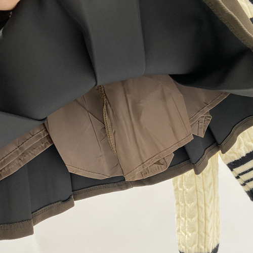 配皮帶高腰黑色防走光呢子百褶裙女2024秋冬韓版百搭A字半身短裙