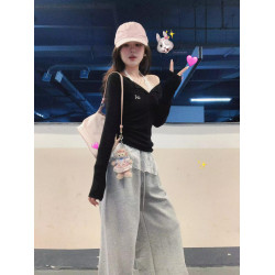 蕾絲掛脖V領長袖t恤女秋季2025新款內搭打底衫甜辣妹上衣兩件套