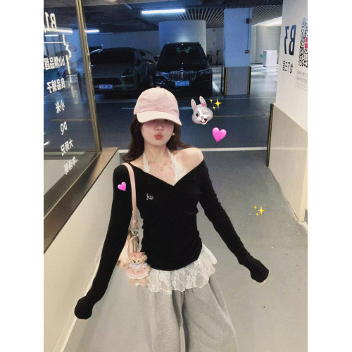 蕾絲掛脖V領長袖t恤女秋季2025新款內搭打底衫甜辣妹上衣兩件套