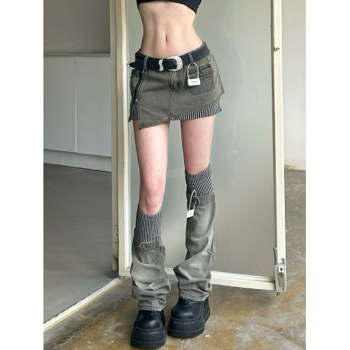 y2k千禧辣妹條紋拼接短裙腿套兩件套設計感街頭龐克亞文化半身裙