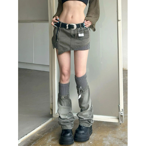 y2k千禧辣妹條紋拼接短裙腿套兩件套設計感街頭龐克亞文化半身裙