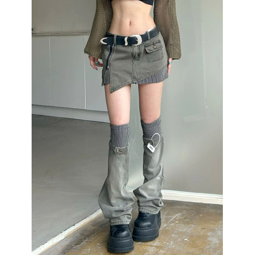 y2k千禧辣妹條紋拼接短裙腿套兩件套設計感街頭龐克亞文化半身裙